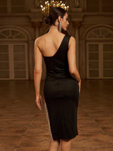 Asymmetric One-Shoulder Black Fringe Knit Cocktail Dress